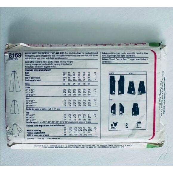Vintage Simplicity Pattern 8169 Misses Jiffy Pullover Top Pants & Skirt Sz 14 - Picture 2 of 2